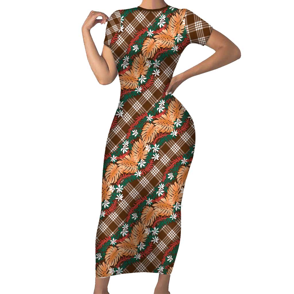 Polynesian Monstera Tiare Floral Short Sleeve Bodycon Dress Chocolate Brown Tropical Plaid LT01 Long Dress Brown - Polynesian Pride