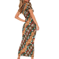 Polynesian Monstera Tiare Floral Short Sleeve Bodycon Dress Chocolate Brown Tropical Plaid LT01 - Polynesian Pride