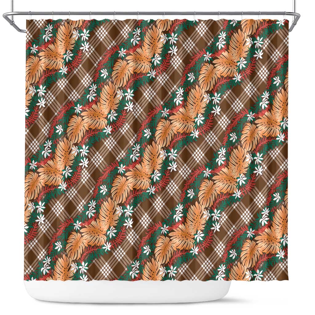 Polynesian Monstera Tiare Floral Shower Curtain Chocolate Brown Tropical Plaid - Polynesian Pride
