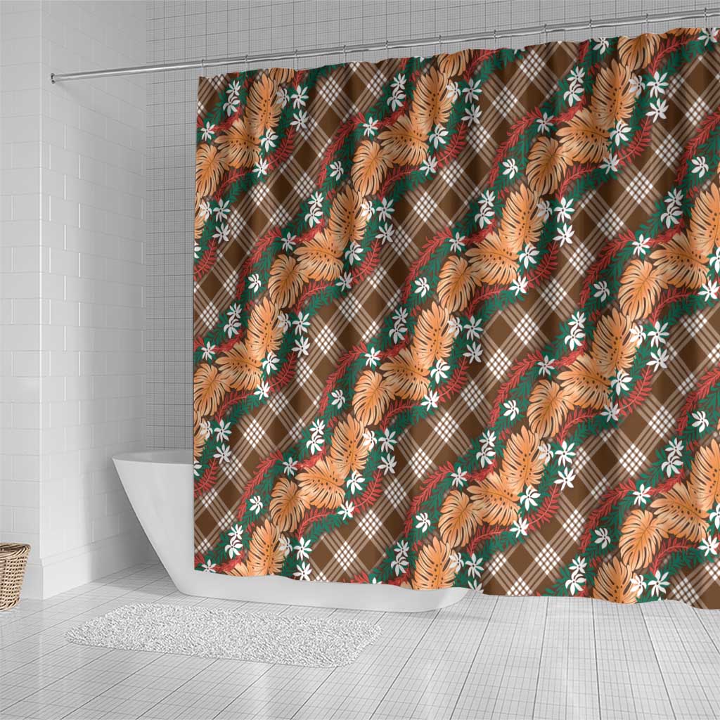 Polynesian Monstera Tiare Floral Shower Curtain Chocolate Brown Tropical Plaid - Polynesian Pride