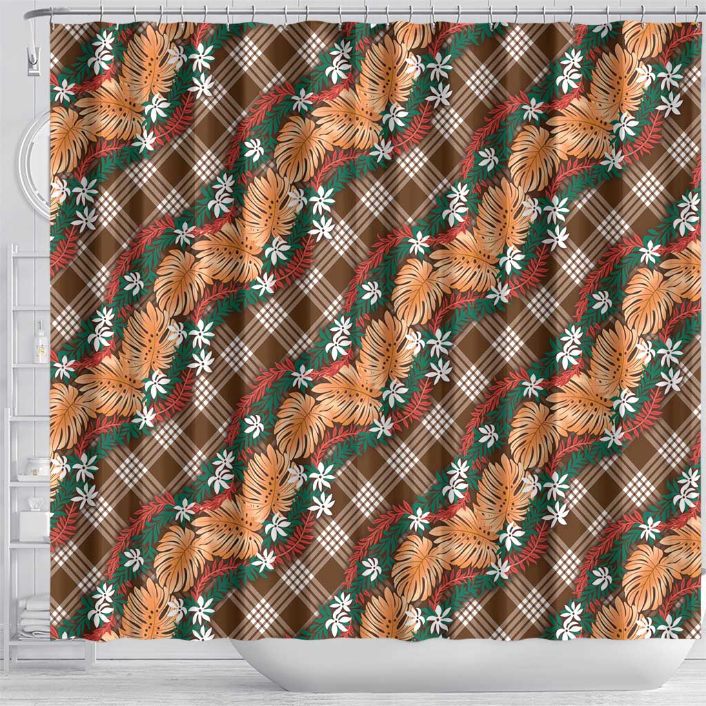 Polynesian Monstera Tiare Floral Shower Curtain Chocolate Brown Tropical Plaid - Polynesian Pride
