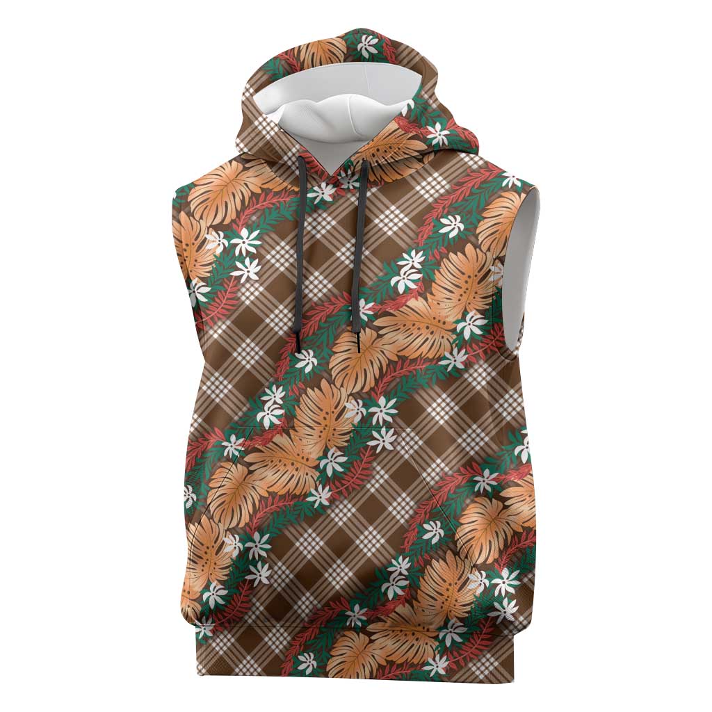 Polynesian Monstera Tiare Floral Sleeveless Hoodie Chocolate Brown Tropical Plaid LT01 Brown - Polynesian Pride