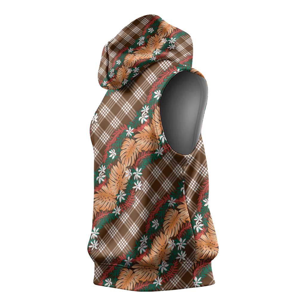 Polynesian Monstera Tiare Floral Sleeveless Hoodie Chocolate Brown Tropical Plaid LT01 - Polynesian Pride