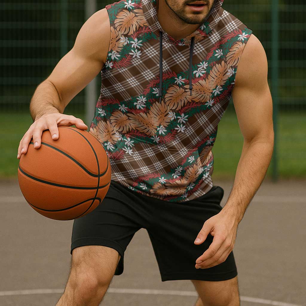 Polynesian Monstera Tiare Floral Sleeveless Hoodie Chocolate Brown Tropical Plaid LT01 - Polynesian Pride