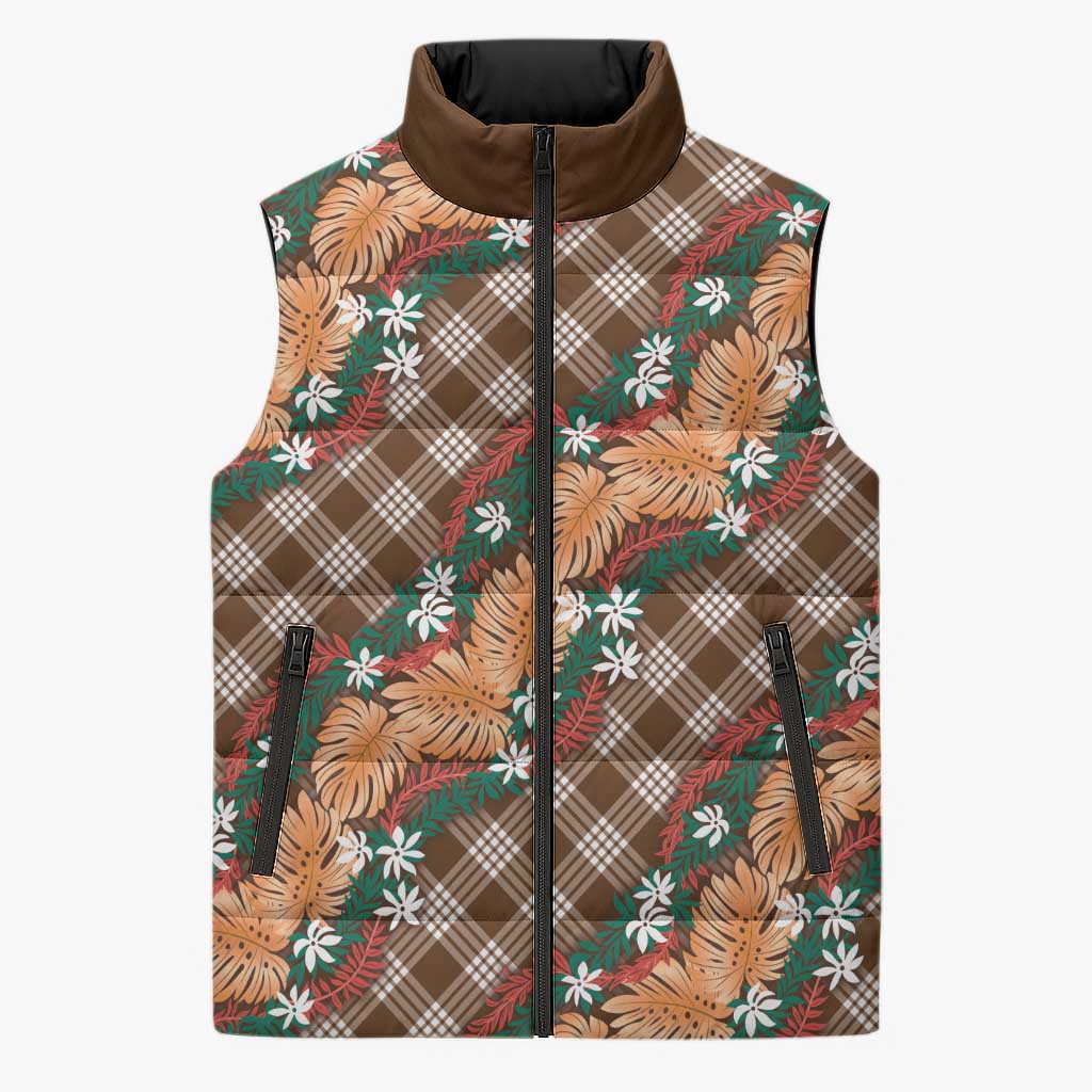 Polynesian Monstera Tiare Floral Sleeveless Puffer Jacket Chocolate Brown Tropical Plaid LT01 Unisex Brown - Polynesian Pride