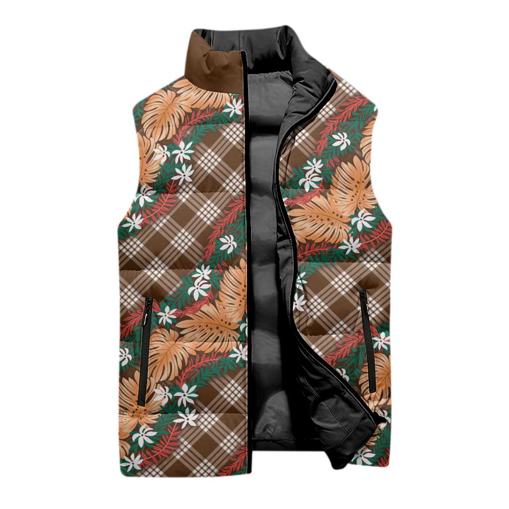 Polynesian Monstera Tiare Floral Sleeveless Puffer Jacket Chocolate Brown Tropical Plaid LT01 - Polynesian Pride