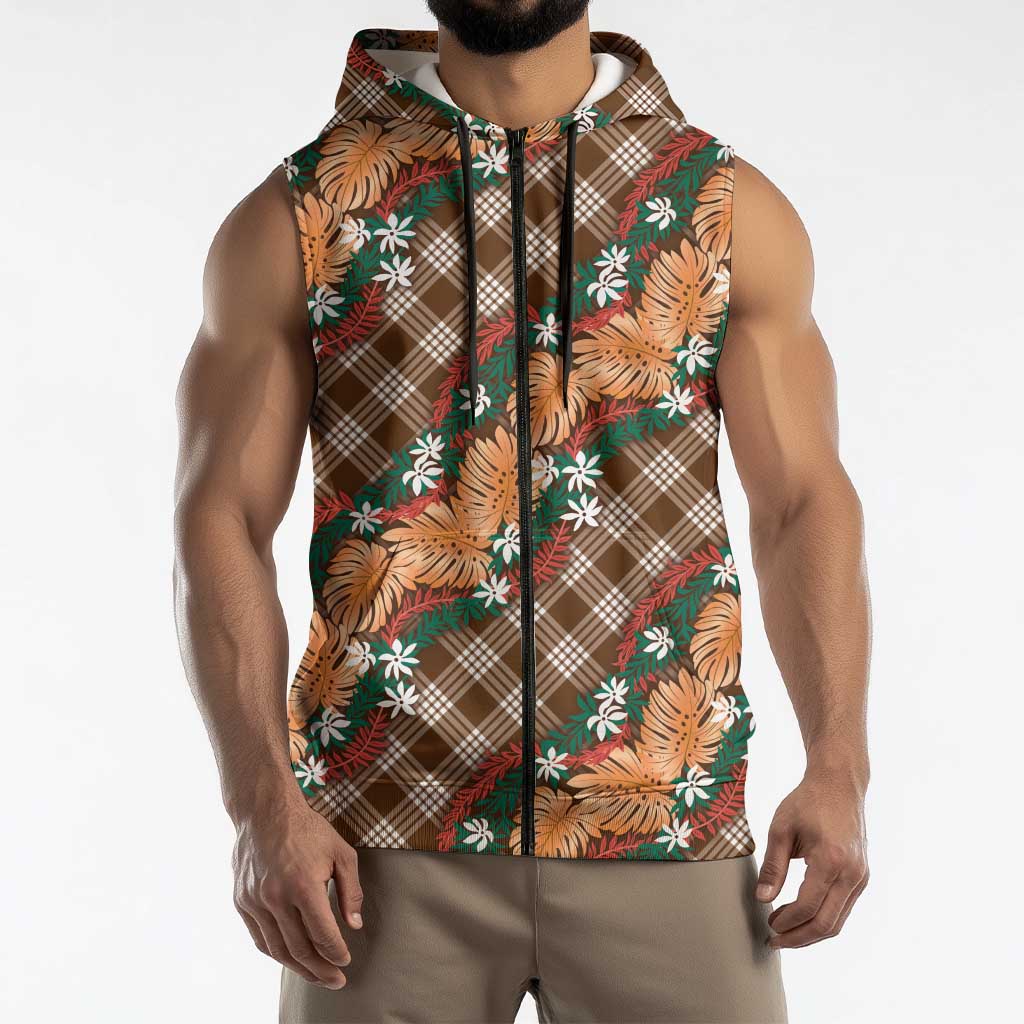 Polynesian Monstera Tiare Floral Sleeveless Zip Hoodie Chocolate Brown Tropical Plaid LT01 - Polynesian Pride