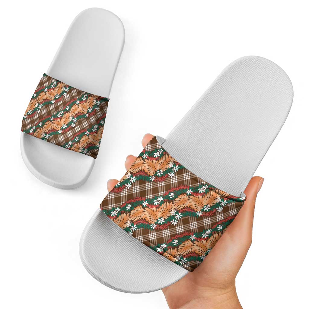 Polynesian Monstera Tiare Floral Slide Sandals Chocolate Brown Tropical Plaid - Polynesian Pride