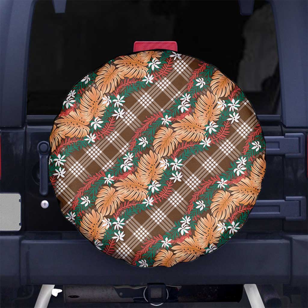Polynesian Monstera Tiare Floral Spare Tire Cover Chocolate Brown Tropical Plaid - Polynesian Pride