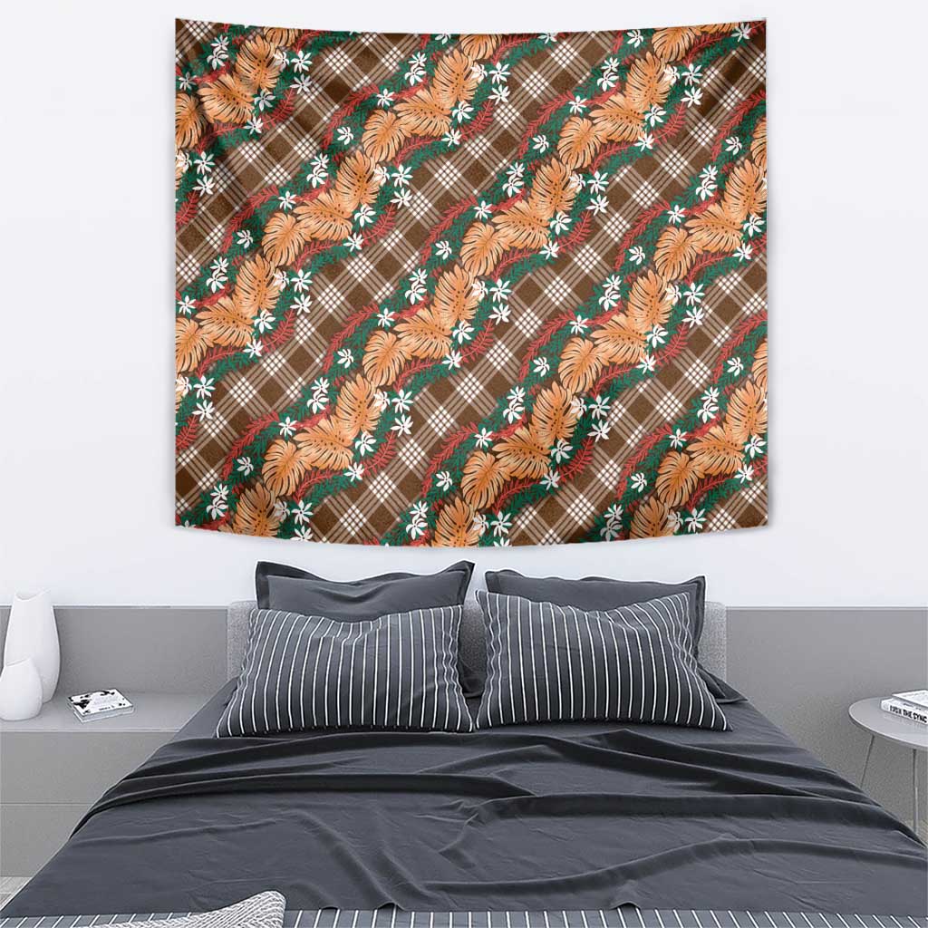 Polynesian Monstera Tiare Floral Tapestry Chocolate Brown Tropical Plaid - Polynesian Pride