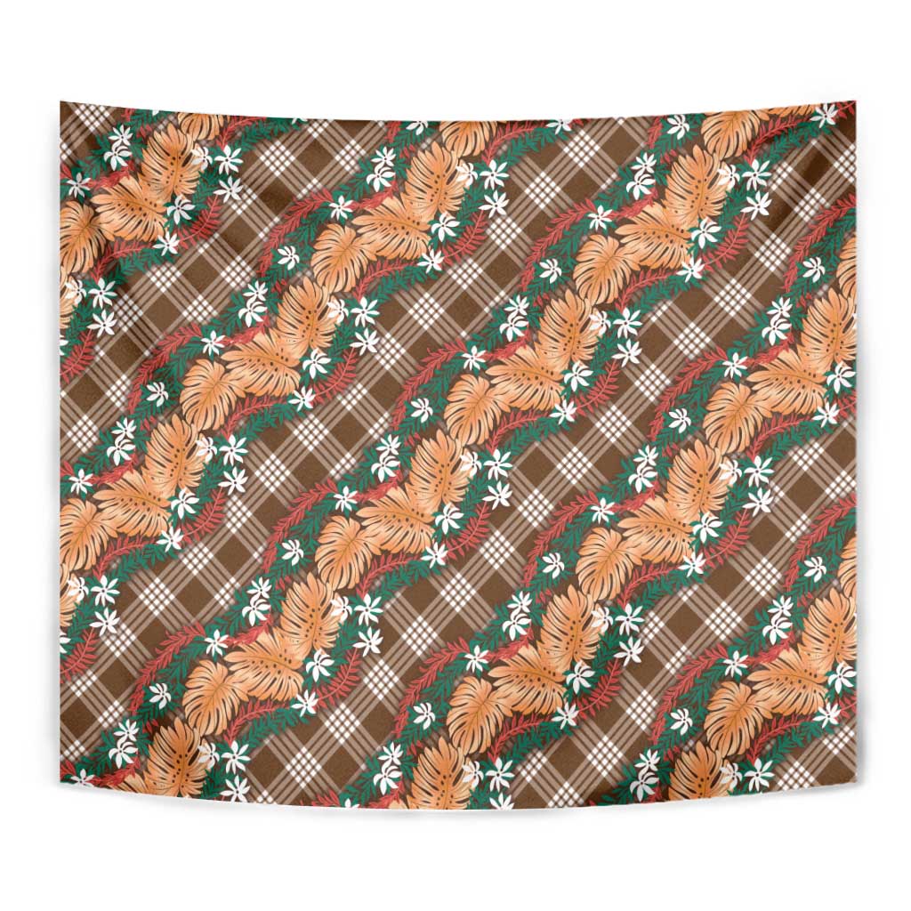 Polynesian Monstera Tiare Floral Tapestry Chocolate Brown Tropical Plaid - Polynesian Pride