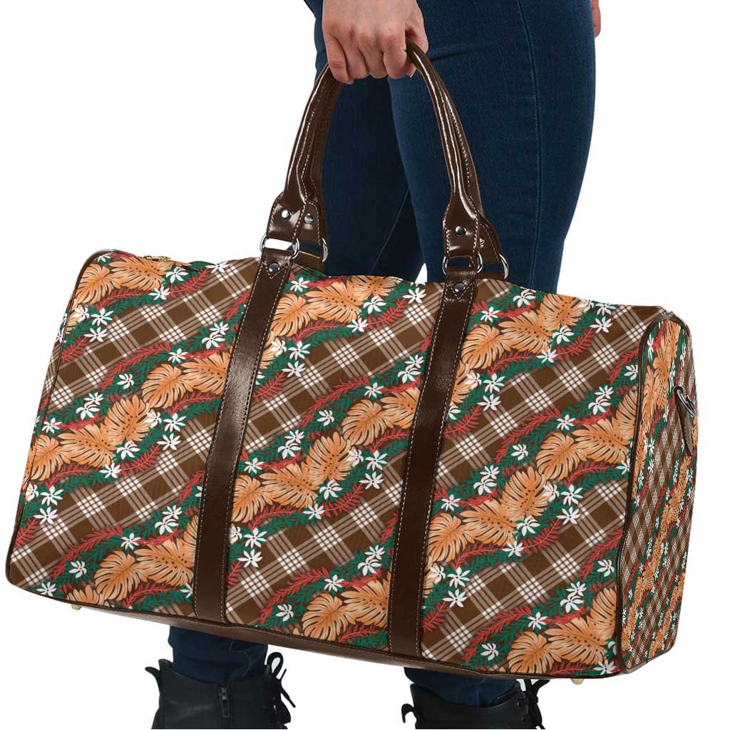 Polynesian Monstera Tiare Floral Travel Bag Chocolate Brown Tropical Plaid - Polynesian Pride