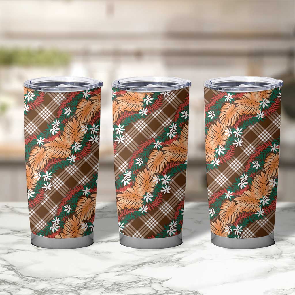 Polynesian Monstera Tiare Floral Tumbler Cup Chocolate Brown Tropical Plaid LT01 - Polynesian Pride