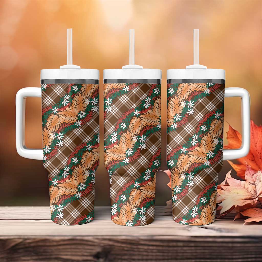 Polynesian Monstera Tiare Floral Tumbler With Handle Chocolate Brown Tropical Plaid - Polynesian Pride