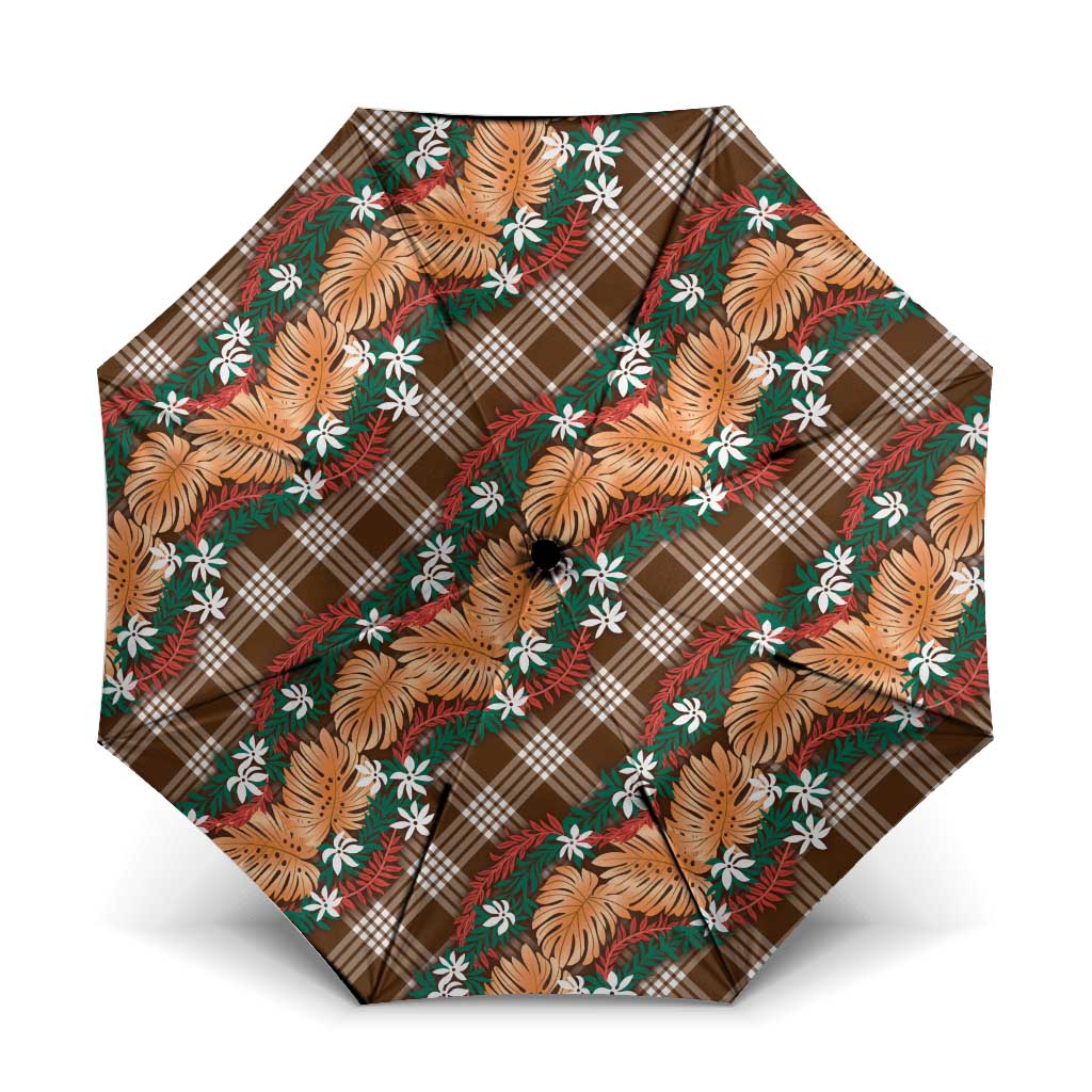 Polynesian Monstera Tiare Floral Umbrella Chocolate Brown Tropical Plaid LT01 One Size Folded 11.42 inch Opened Diameter 37.4 inch Brown - Polynesian Pride