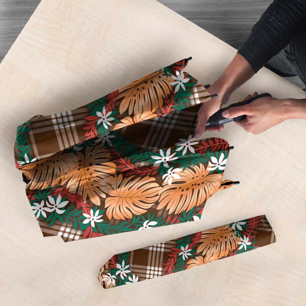 Polynesian Monstera Tiare Floral Umbrella Chocolate Brown Tropical Plaid LT01 - Polynesian Pride