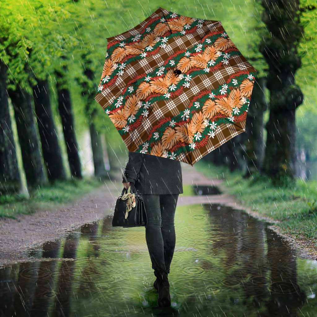 Polynesian Monstera Tiare Floral Umbrella Chocolate Brown Tropical Plaid LT01 - Polynesian Pride