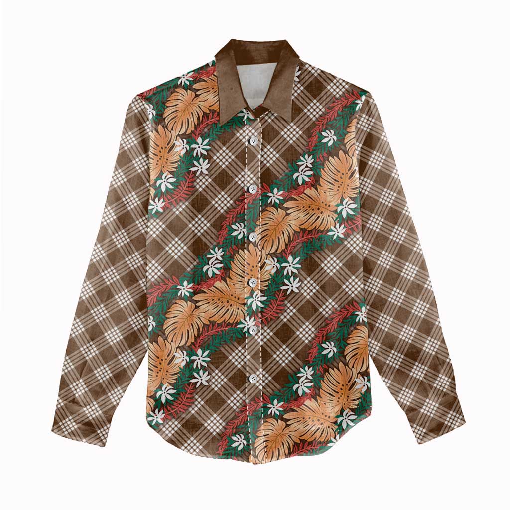 Polynesian Monstera Tiare Floral Women Casual Shirt Chocolate Brown Tropical Plaid - Polynesian Pride