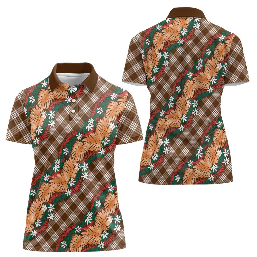 Polynesian Monstera Tiare Floral Women Polo Shirt Chocolate Brown Tropical Plaid LT01 - Polynesian Pride
