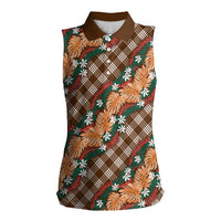Polynesian Monstera Tiare Floral Women Sleeveless Polo Shirt Chocolate Brown Tropical Plaid LT01 Female Brown - Polynesian Pride