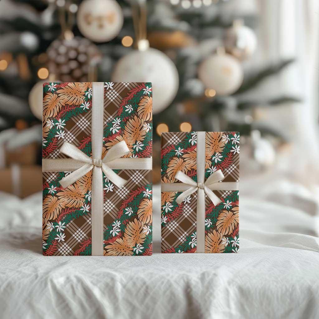 Polynesian Monstera Tiare Floral Wrapping Paper Chocolate Brown Tropical Plaid LT01 - Polynesian Pride