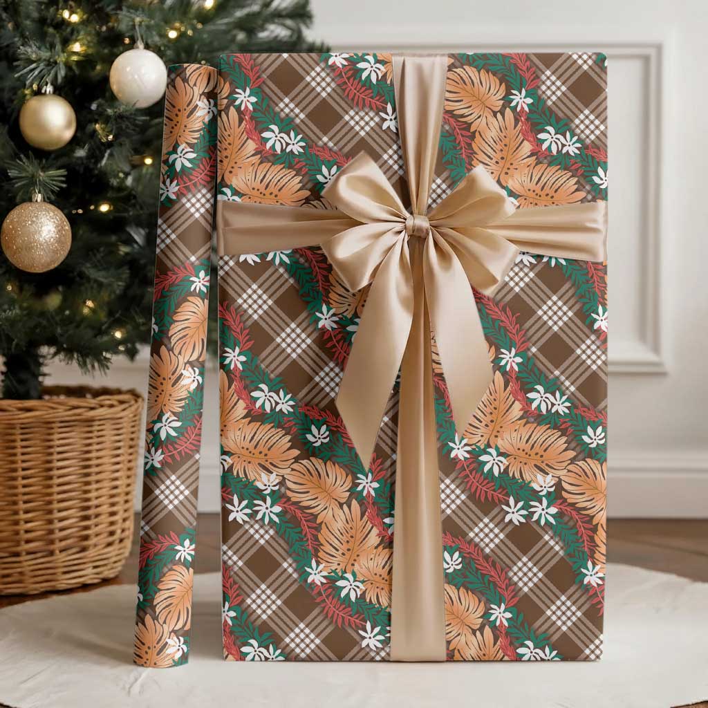 Polynesian Monstera Tiare Floral Wrapping Paper Chocolate Brown Tropical Plaid LT01 - Polynesian Pride
