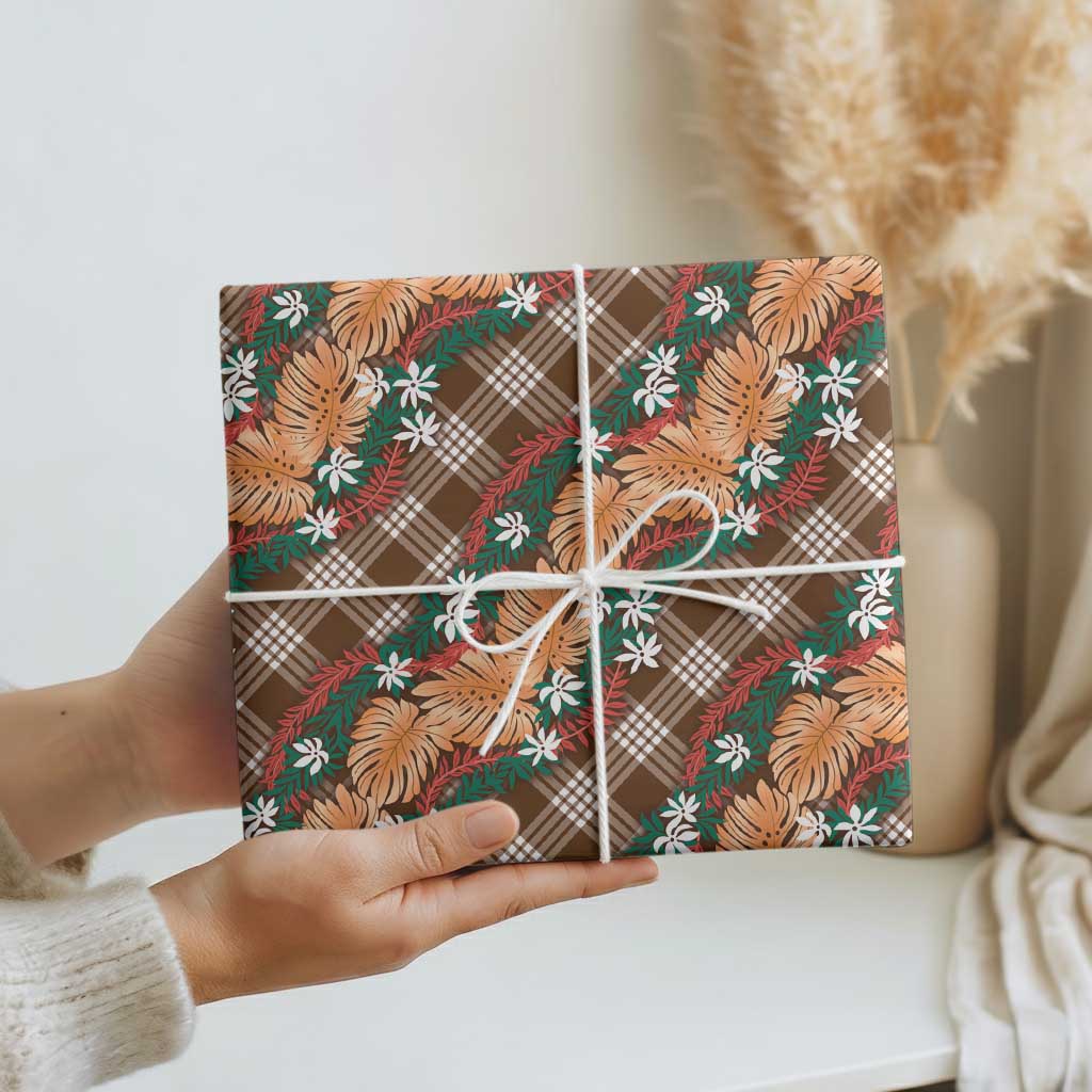 Polynesian Monstera Tiare Floral Wrapping Paper Chocolate Brown Tropical Plaid LT01 - Polynesian Pride