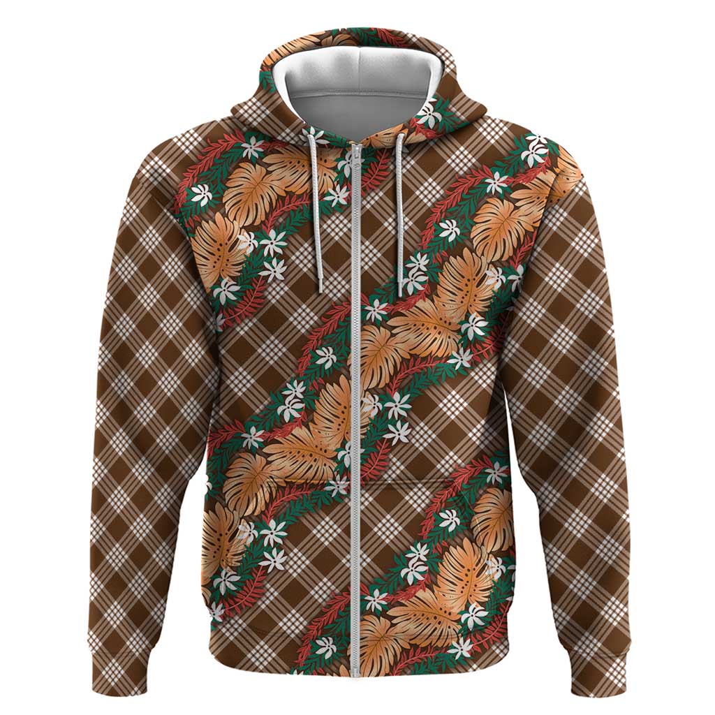 Polynesian Monstera Tiare Floral Zip Hoodie Chocolate Brown Tropical Plaid LT01 Zip Hoodie Brown - Polynesian Pride