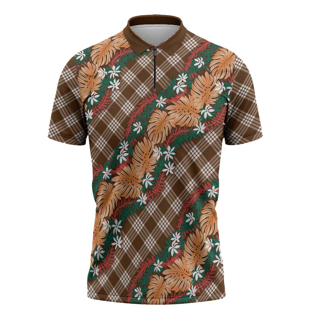 Polynesian Monstera Tiare Floral Zipper Polo Shirt Chocolate Brown Tropical Plaid LT01 Brown - Polynesian Pride