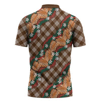 Polynesian Monstera Tiare Floral Zipper Polo Shirt Chocolate Brown Tropical Plaid LT01 - Polynesian Pride