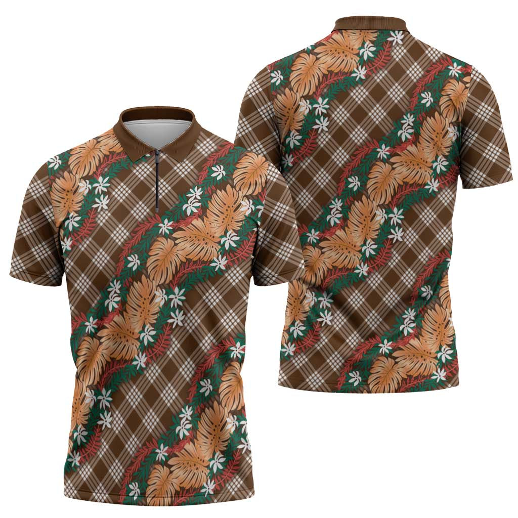 Polynesian Monstera Tiare Floral Zipper Polo Shirt Chocolate Brown Tropical Plaid LT01 - Polynesian Pride