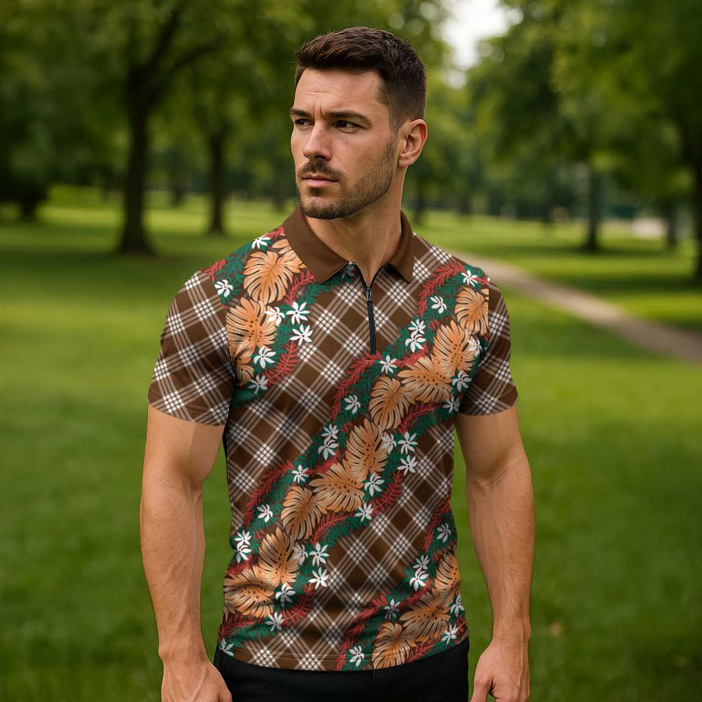 Polynesian Monstera Tiare Floral Zipper Polo Shirt Chocolate Brown Tropical Plaid LT01 - Polynesian Pride