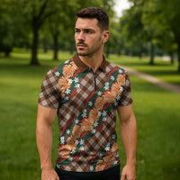 Polynesian Monstera Tiare Floral Zipper Polo Shirt Chocolate Brown Tropical Plaid LT01 - Polynesian Pride