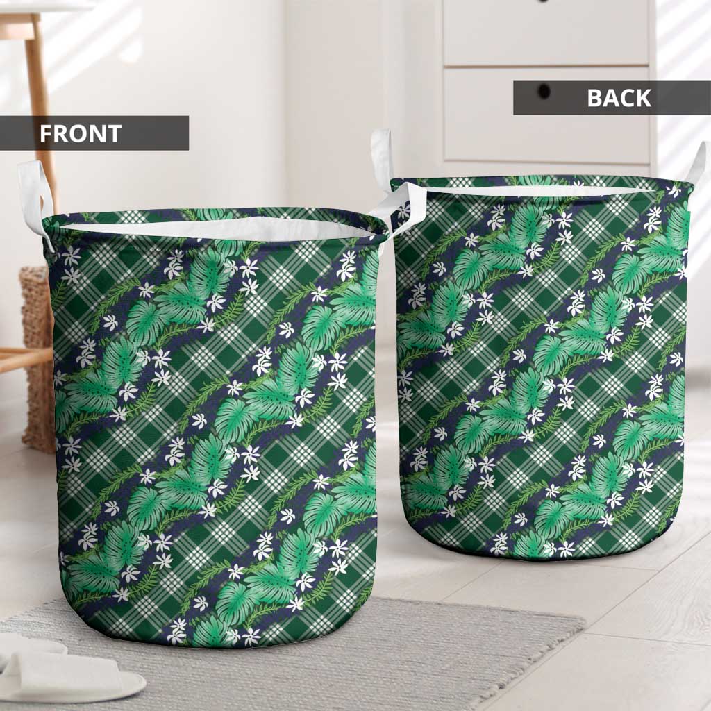 Polynesian Monstera Tiare Floral Laundry Basket Forest Green Tropical Plaid LT01 - Polynesian Pride