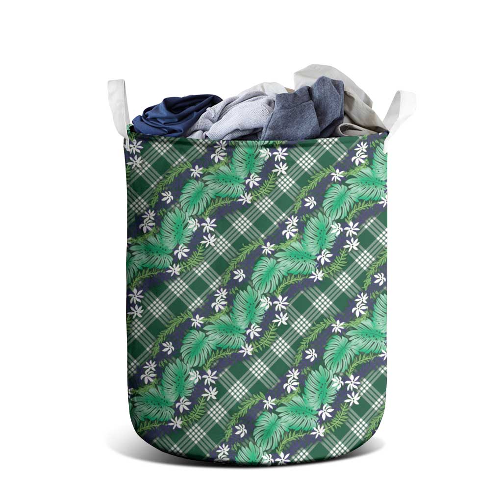 Polynesian Monstera Tiare Floral Laundry Basket Forest Green Tropical Plaid LT01 - Polynesian Pride