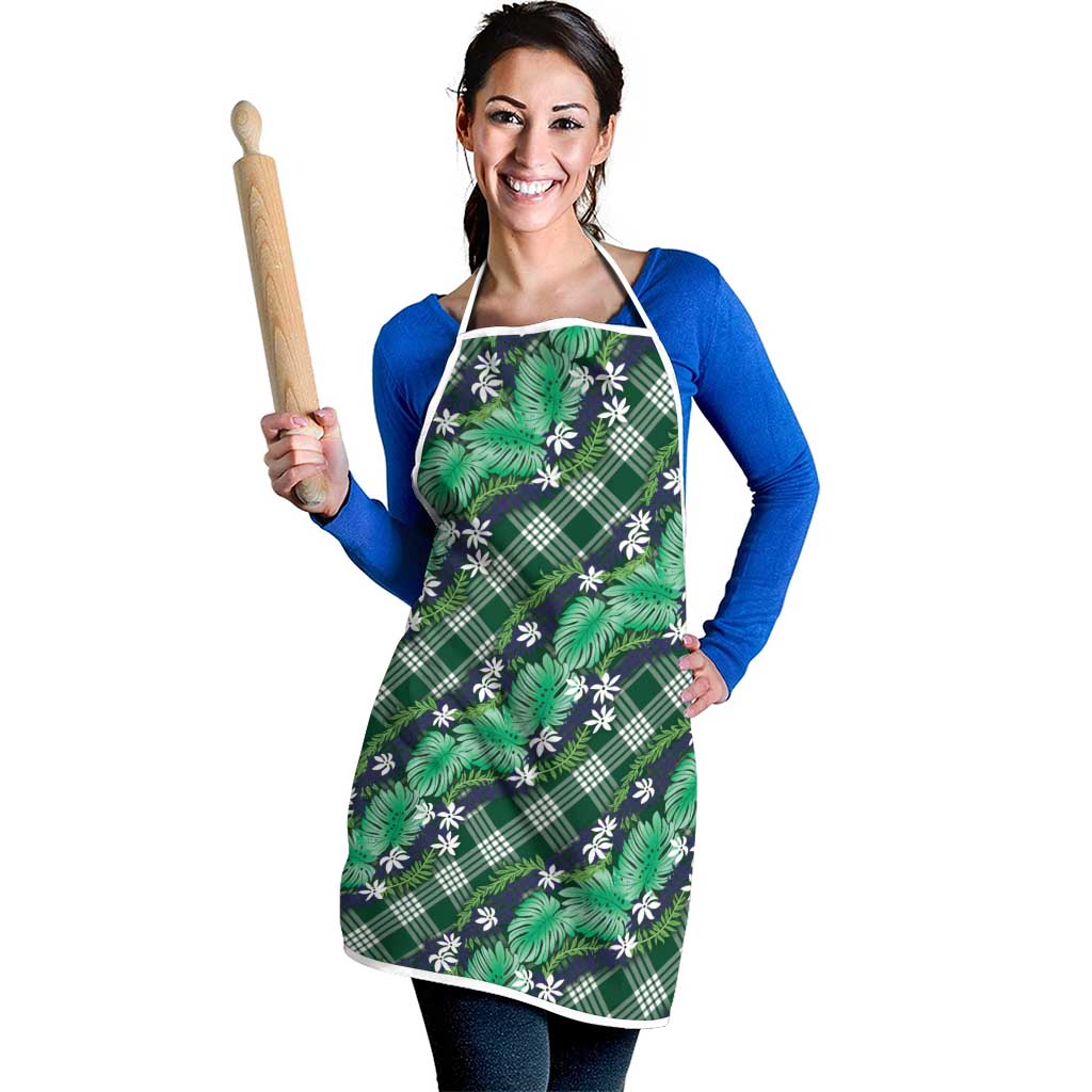 Polynesian Monstera Tiare Floral Apron Forest Green Tropical Plaid - Polynesian Pride