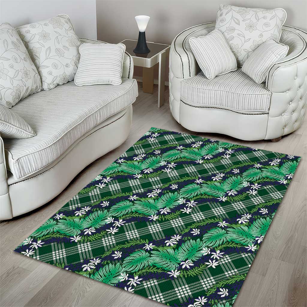 Polynesian Monstera Tiare Floral Area Rug Forest Green Tropical Plaid - Polynesian Pride