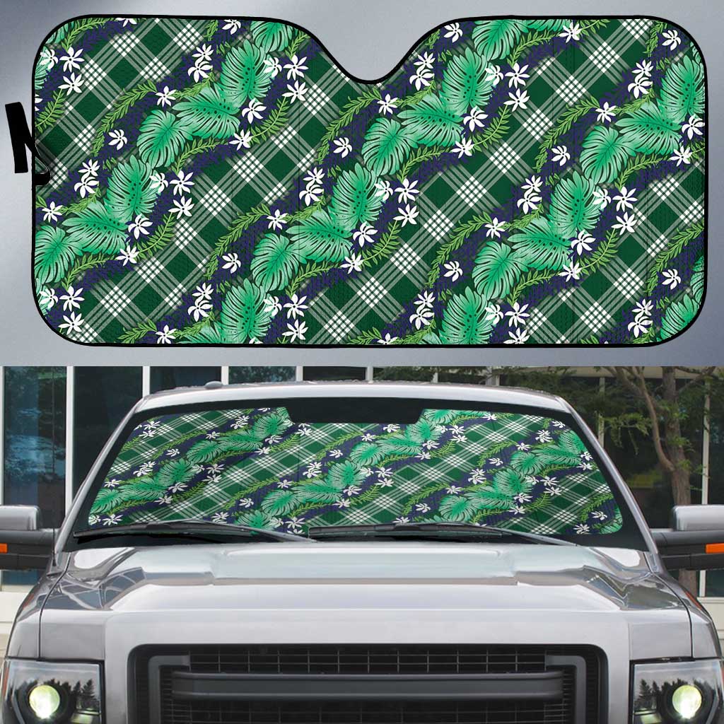 Polynesian Monstera Tiare Floral Auto Sun Shade Forest Green Tropical Plaid - Polynesian Pride