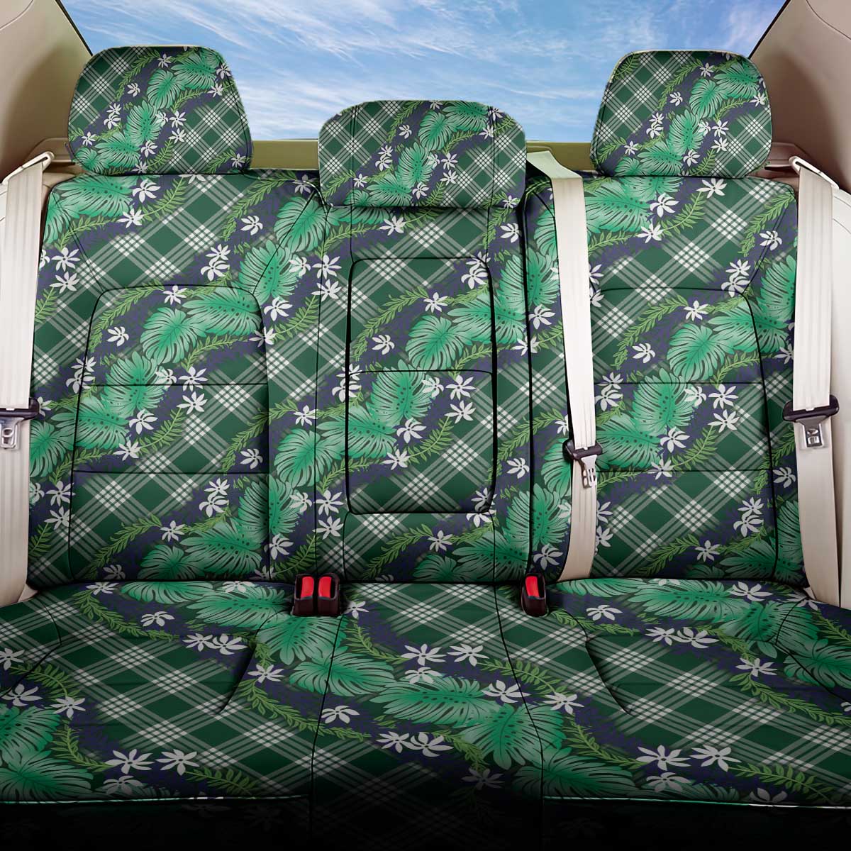 Polynesian Monstera Tiare Floral Back Car Seat Cover Forest Green Tropical Plaid LT01 One Size Green - Polynesian Pride