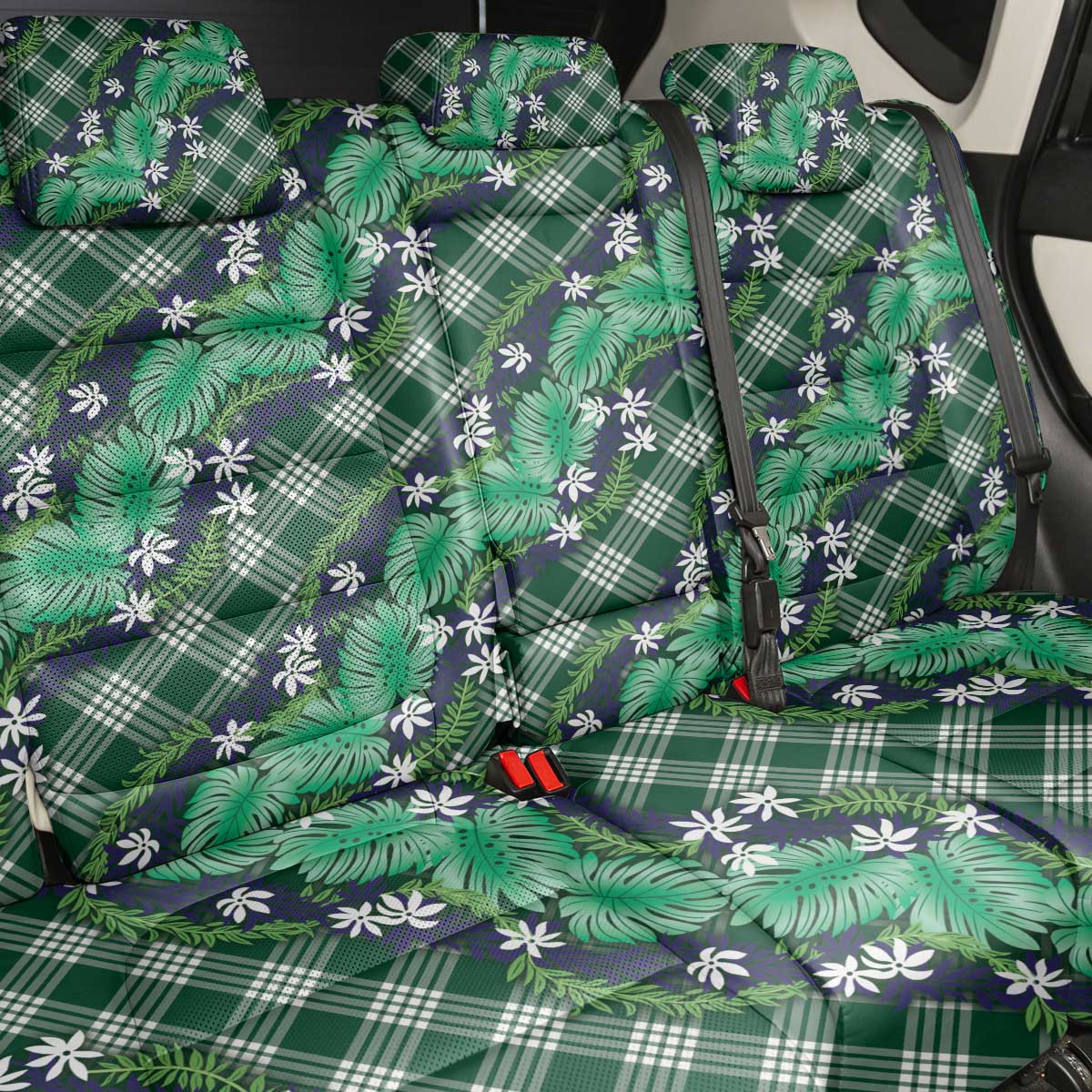 Polynesian Monstera Tiare Floral Back Car Seat Cover Forest Green Tropical Plaid LT01 - Polynesian Pride