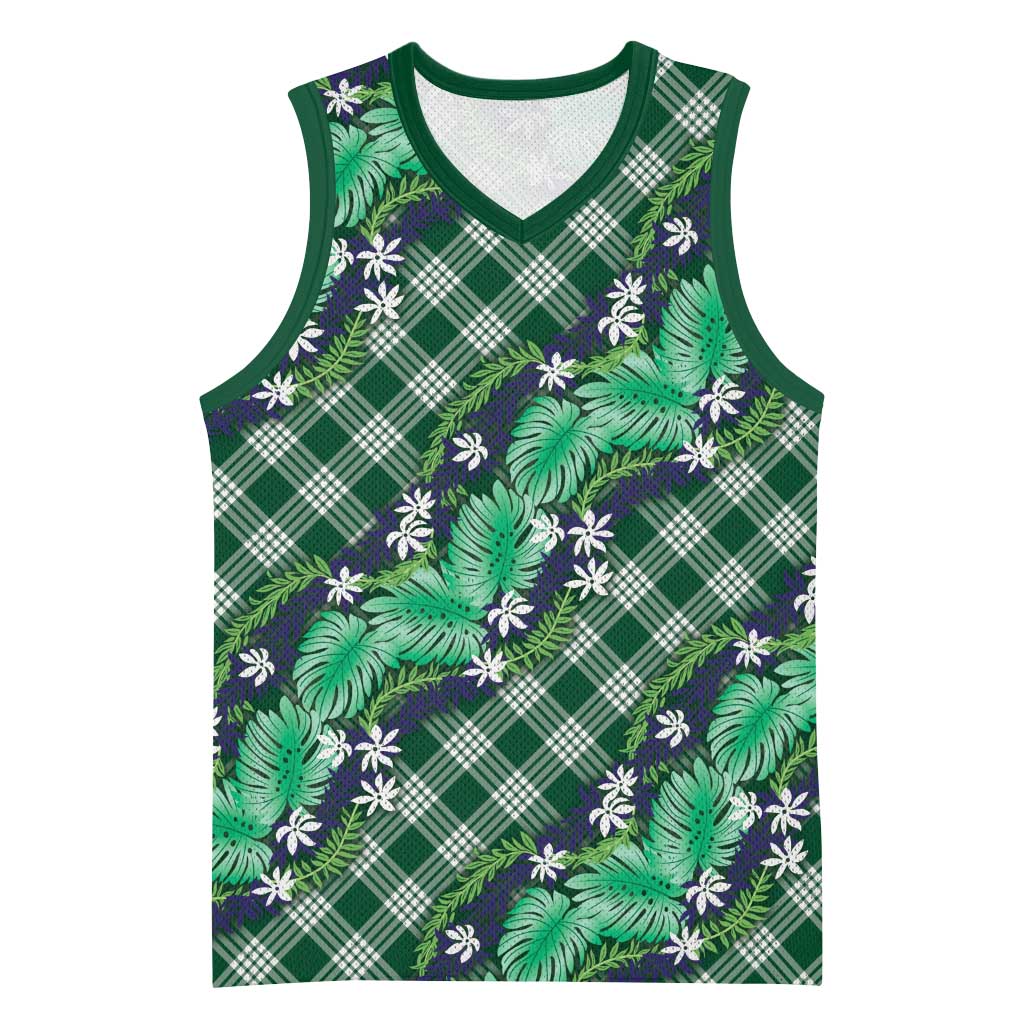 Polynesian Monstera Tiare Floral Basketball Jersey Forest Green Tropical Plaid LT01 Unisex Green - Polynesian Pride