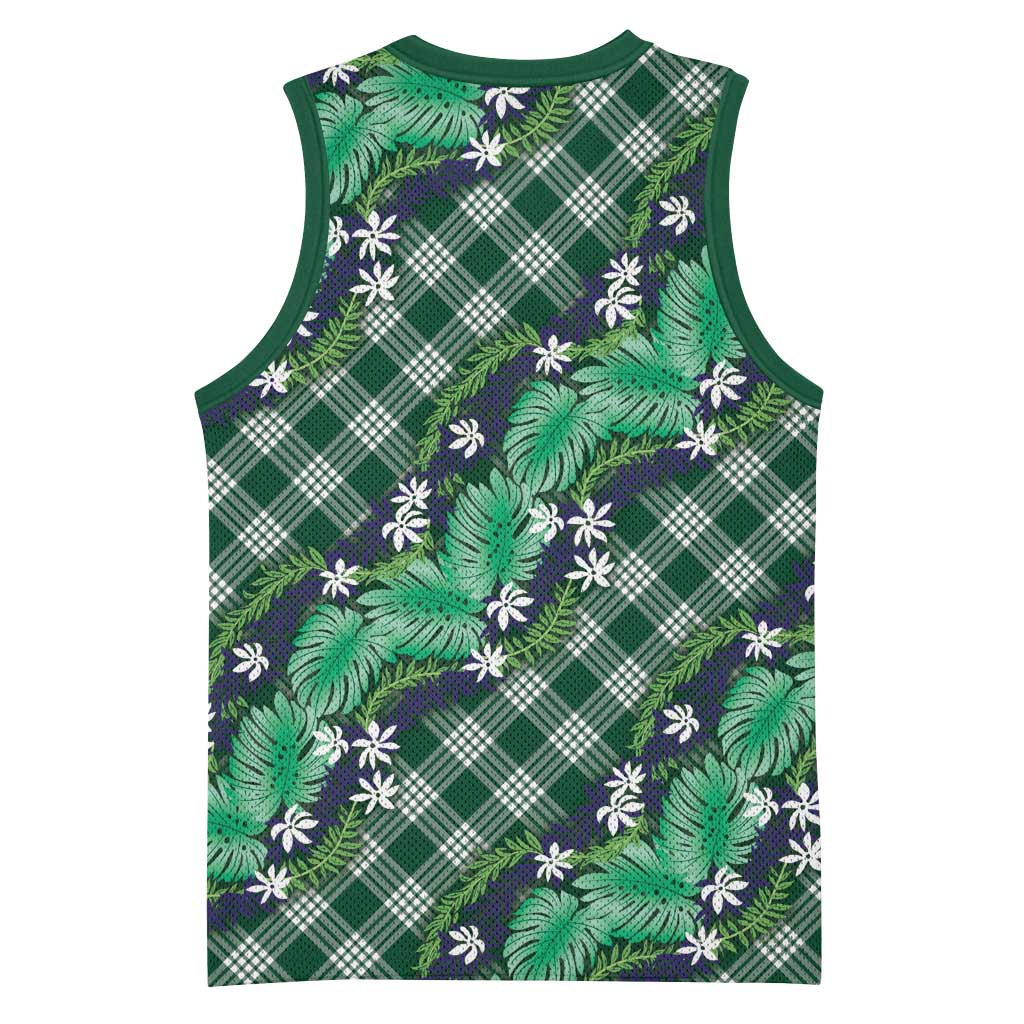 Polynesian Monstera Tiare Floral Basketball Jersey Forest Green Tropical Plaid LT01 - Polynesian Pride