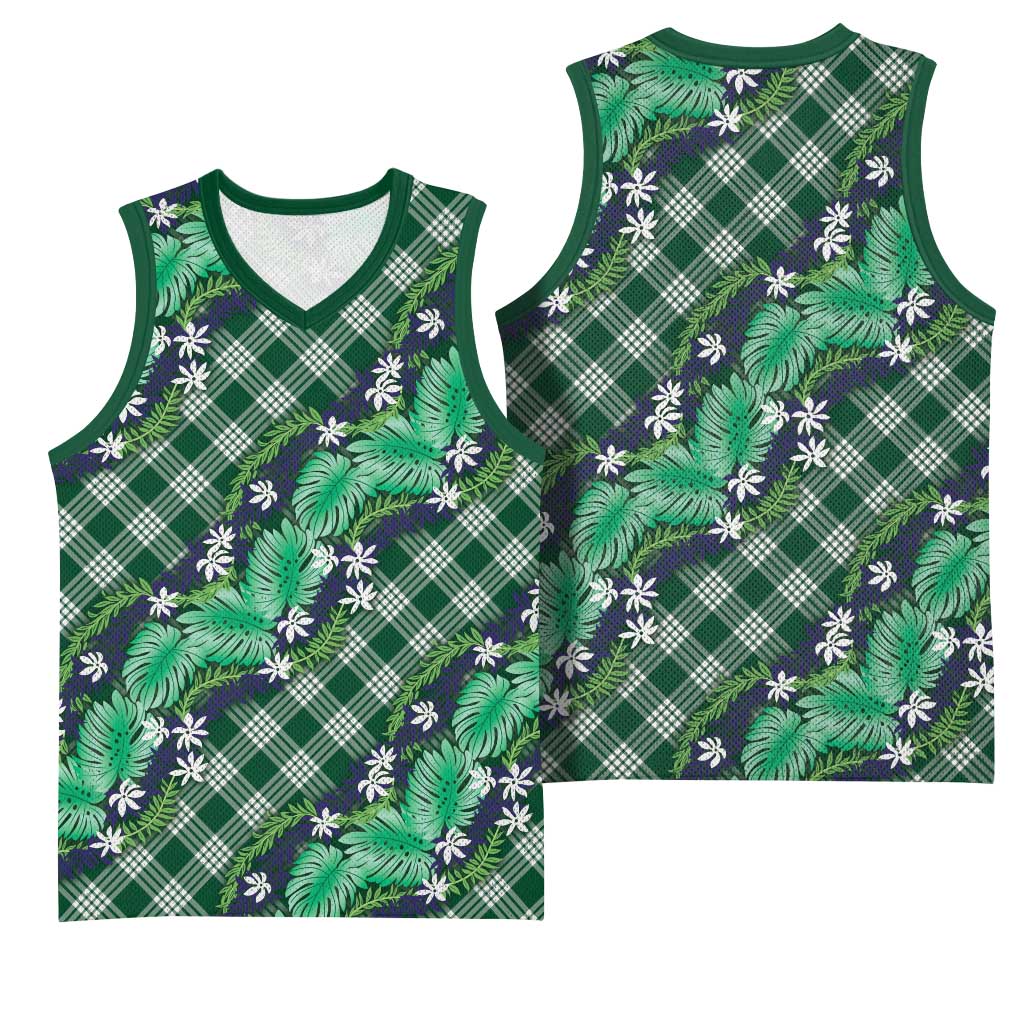 Polynesian Monstera Tiare Floral Basketball Jersey Forest Green Tropical Plaid LT01 - Polynesian Pride