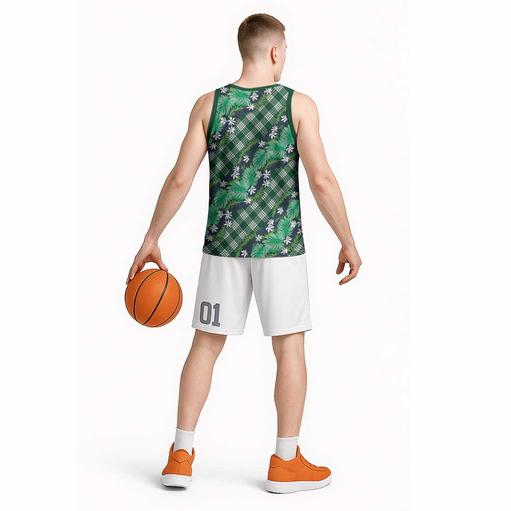 Polynesian Monstera Tiare Floral Basketball Jersey Forest Green Tropical Plaid LT01 - Polynesian Pride