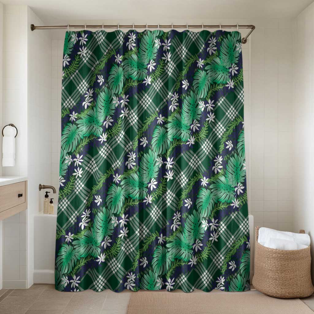 Polynesian Monstera Tiare Floral Bathroom Set Forest Green Tropical Plaid - Polynesian Pride