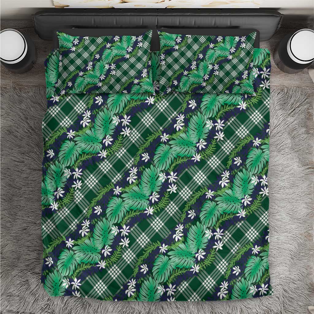 Polynesian Monstera Tiare Floral Bedding Set Forest Green Tropical Plaid - Polynesian Pride