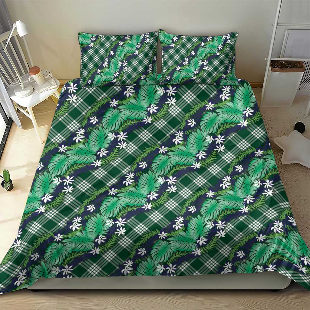 Polynesian Monstera Tiare Floral Bedding Set Forest Green Tropical Plaid - Polynesian Pride