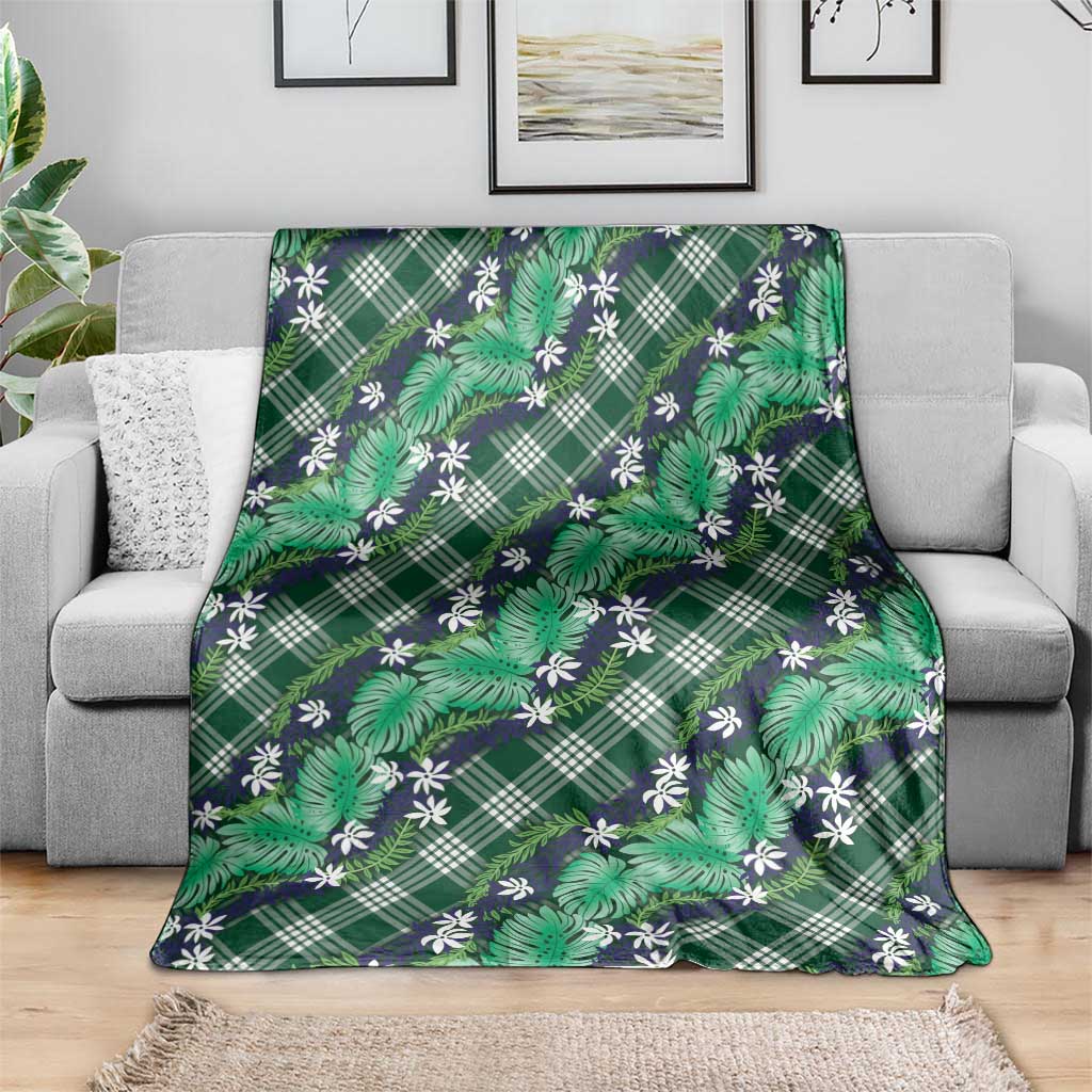 Polynesian Monstera Tiare Floral Blanket Forest Green Tropical Plaid - Polynesian Pride