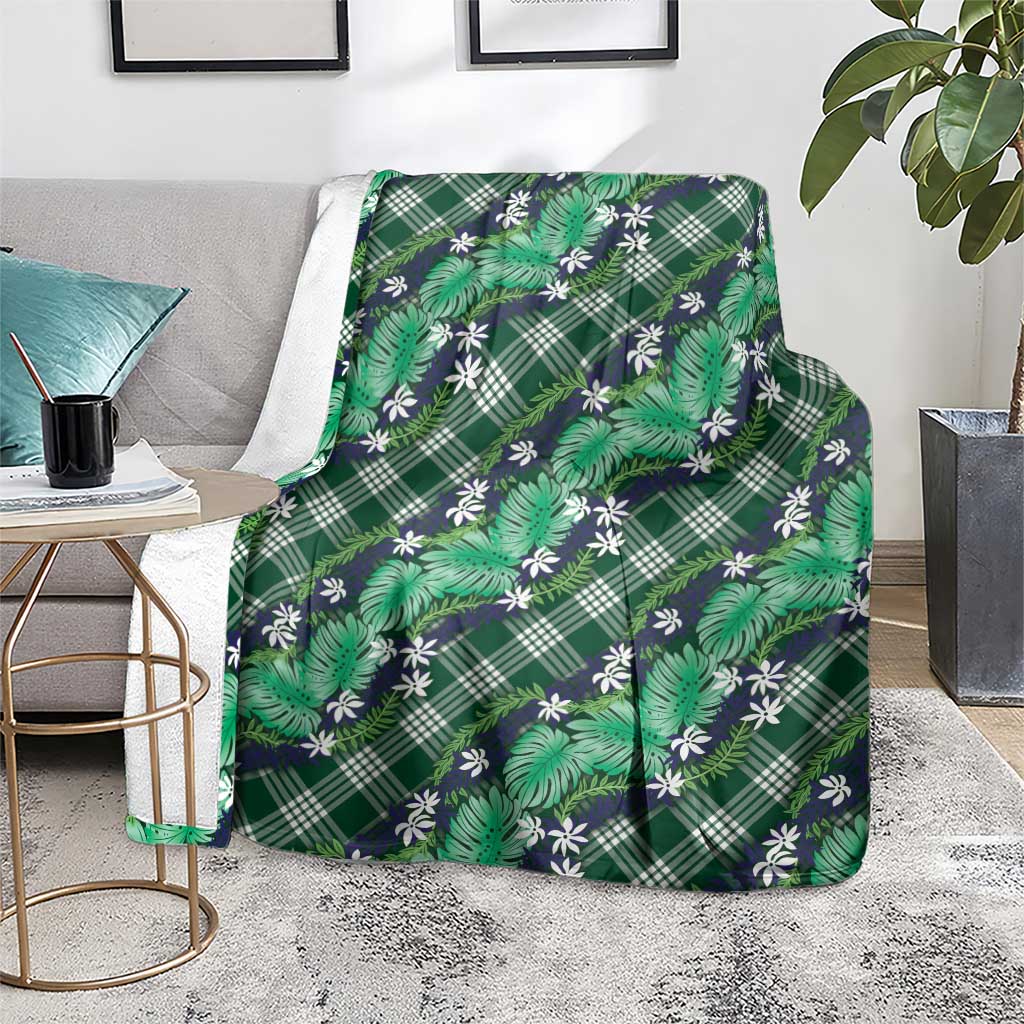 Polynesian Monstera Tiare Floral Blanket Forest Green Tropical Plaid - Polynesian Pride