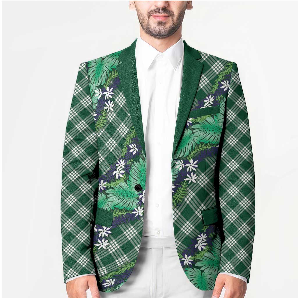 Polynesian Monstera Tiare Floral Blazer Forest Green Tropical Plaid - Polynesian Pride